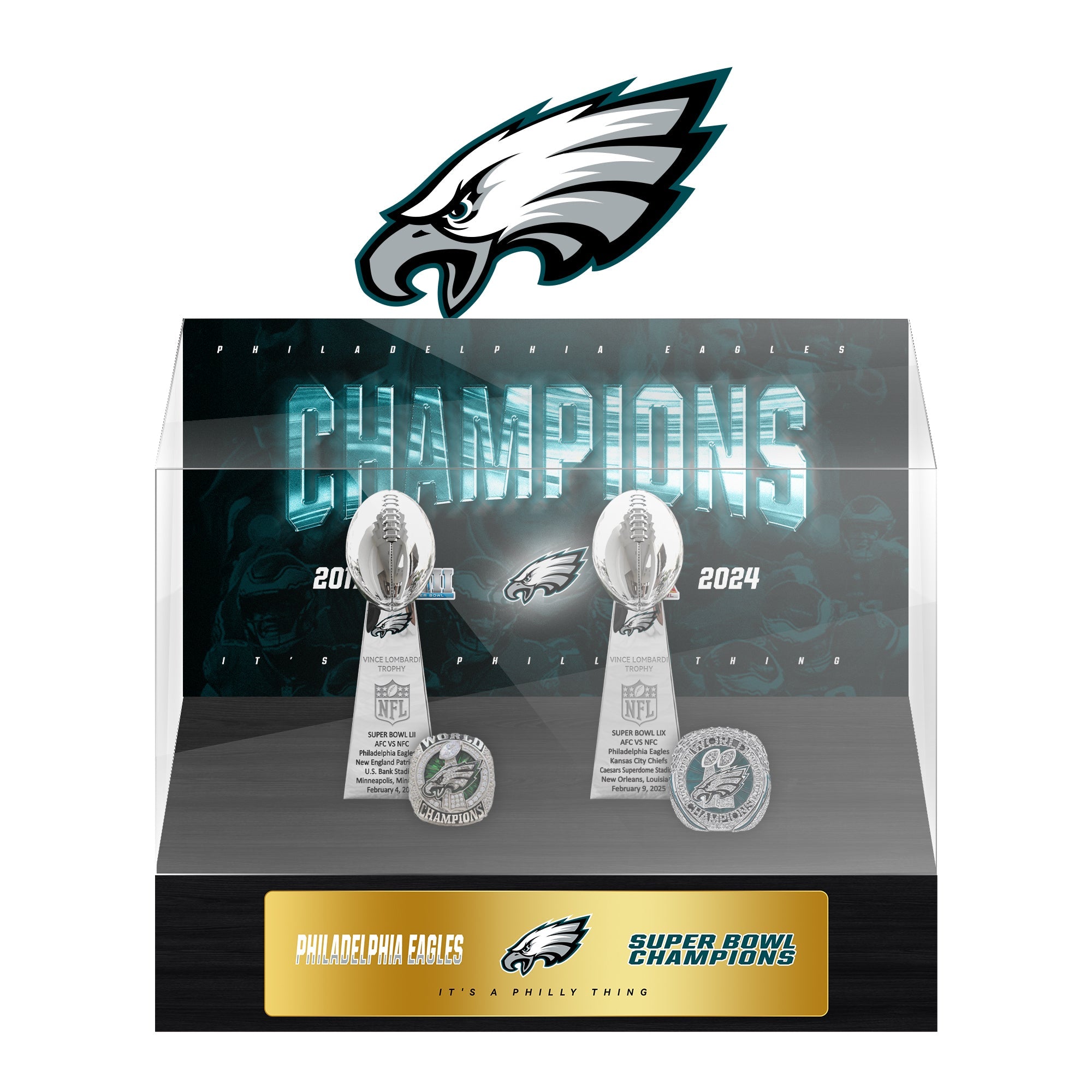 Philadelphia Eagles Super Bowl Championship Trophy Ring Display Case
