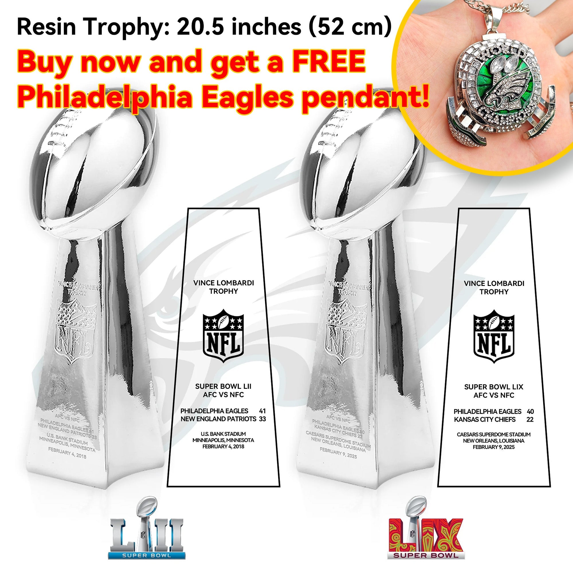 2018 +2025  Vince Lombardi Trophy, Super Bowl LII + LIX,  Philadelphia Eagles